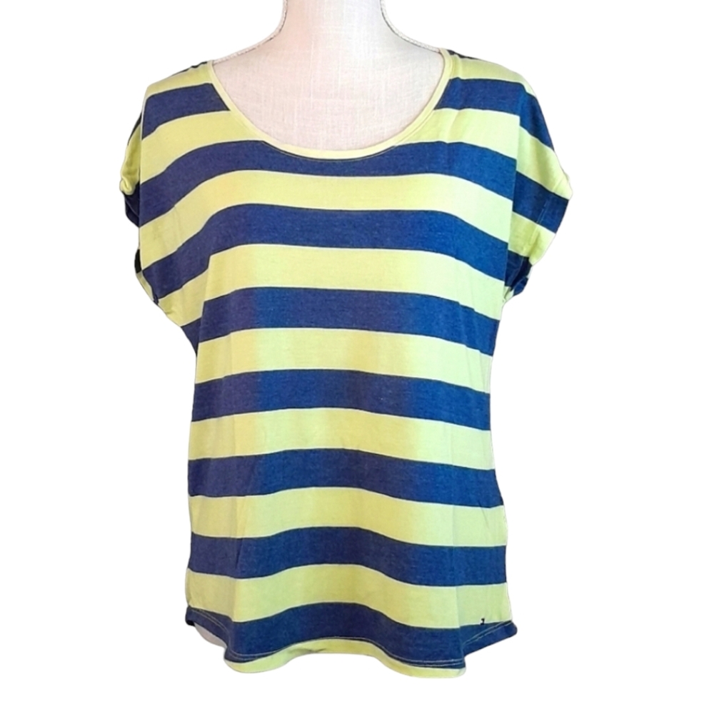 Tommy Hilfiger | Striped Lace-Up Back Tee Shirt | Blue & Lime Green | Large